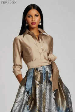 Taffeta Shirt Gown With Feather Pattern