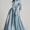 Taffeta Shirtdress Gown With Eyelet Sleeve and Collar