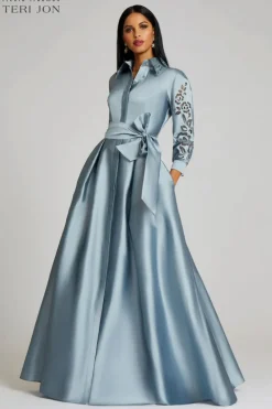 Taffeta Shirtdress Gown With Eyelet Sleeve and Collar