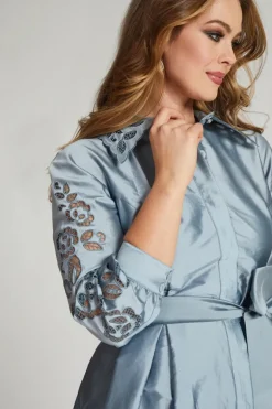 Taffeta Shirtdress Gown With Eyelet Sleeve and Collar