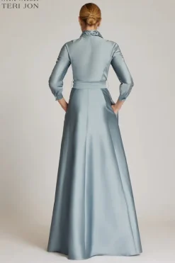 Taffeta Shirtdress Gown With Eyelet Sleeve and Collar