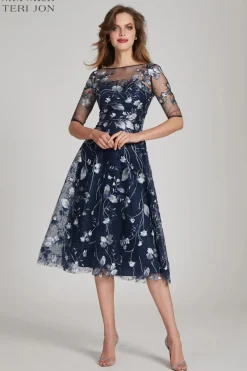 Tea Length Embroidered Tulle Cocktail Dress
