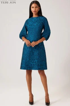 Textured Floral Jacquard Balloon Sleeve Dress