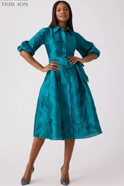 Textured Jacquard Balloon Sleeve Shirt Dress