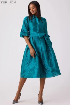 Textured Jacquard Balloon Sleeve Shirt Dress