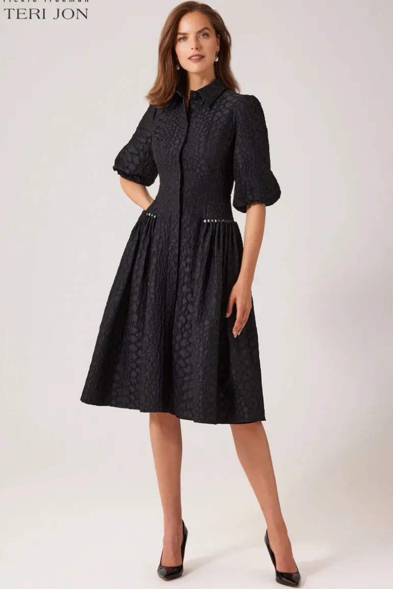 Tonal Jacquard Pearl Trim Puff Sleeve Shirt Dress