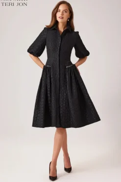 Tonal Jacquard Pearl Trim Puff Sleeve Shirt Dress