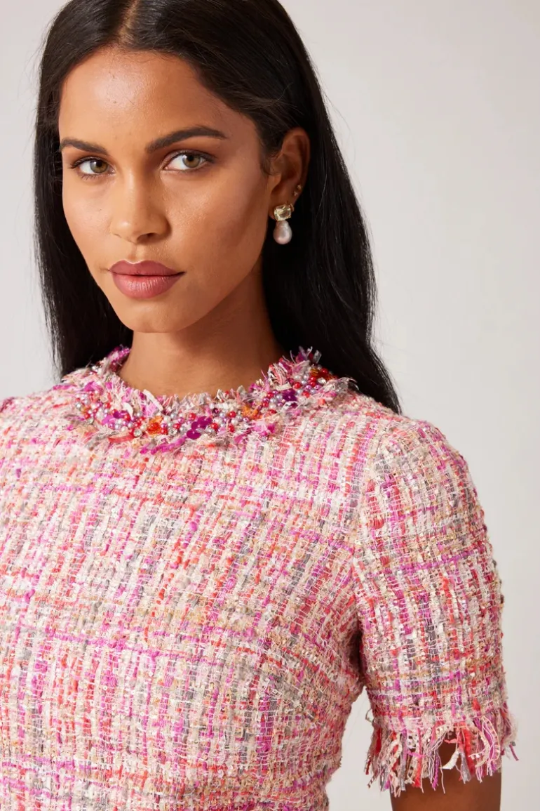 Tweed Sheath Dress With Bead Trim