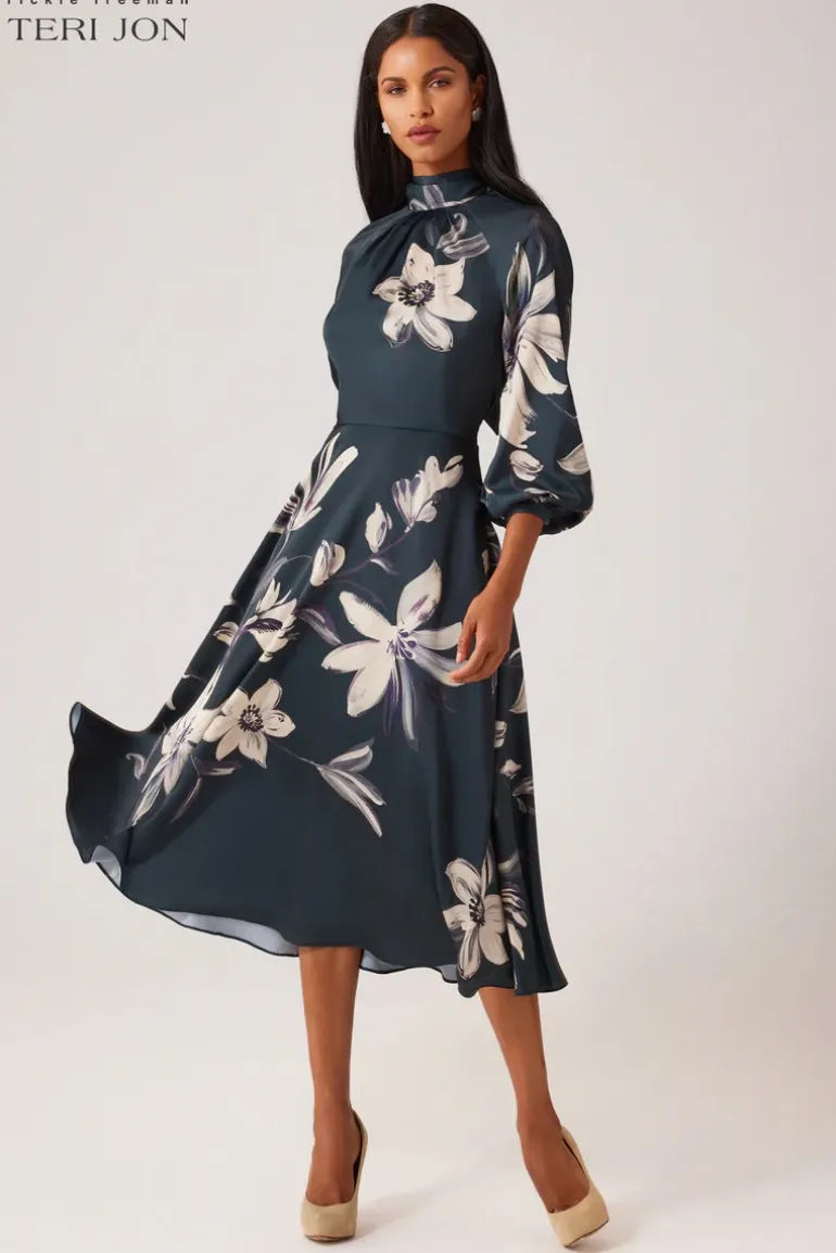 Twill Floral Print Tie Neck Dress
