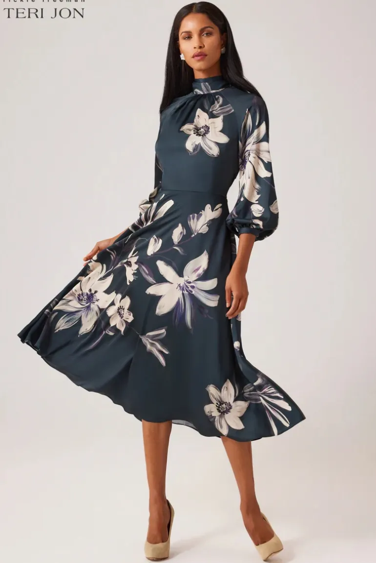 Twill Floral Print Tie Neck Dress