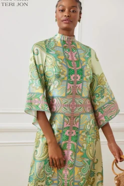 Twill Mock Neck Paisley Print Dress