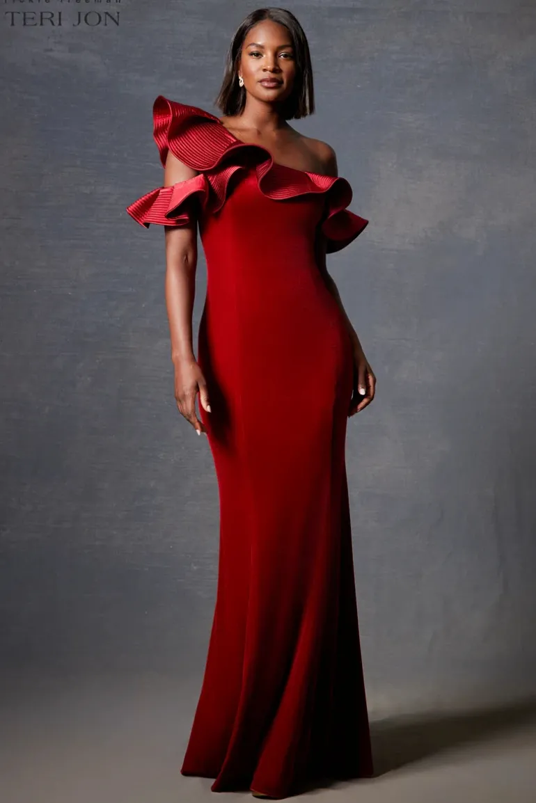 Velvet Trapunto Ruffle Asymmetrical Gown