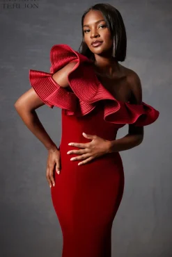 Velvet Trapunto Ruffle Asymmetrical Gown
